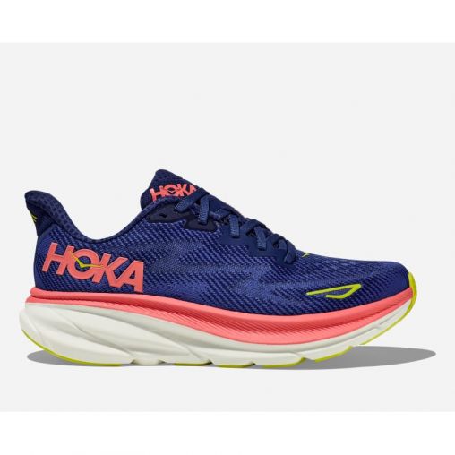 HOKA Clifton 9 Schuhe für Damen in Evening Sky/Coral Größe 45 1/3 | Straße